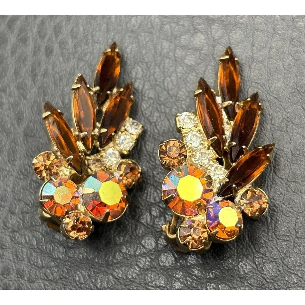 Vintage Aurora Borealis AB Rhinestone Navette Clip On Earrings Gold Tone